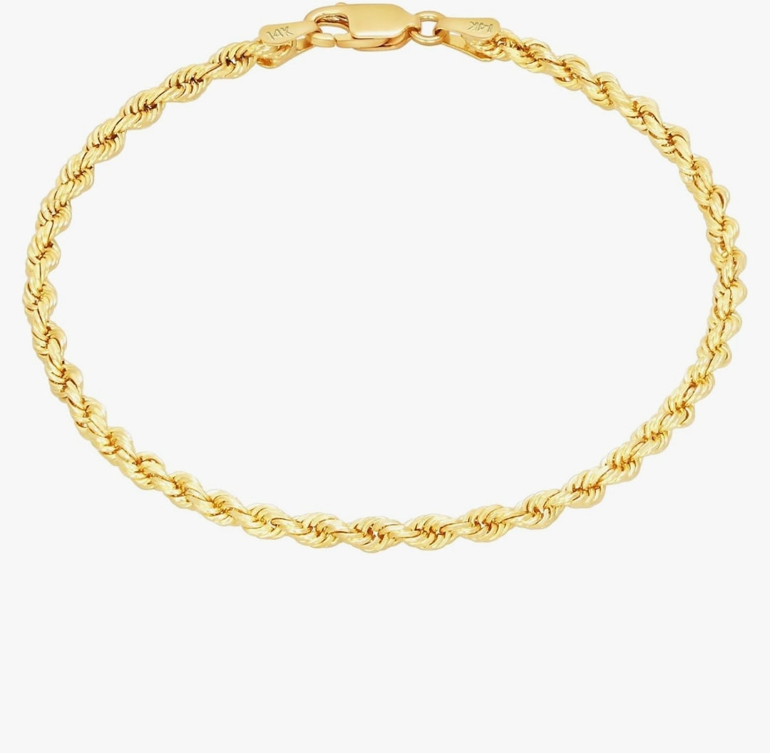 14k Yellow Gold 2mm Rope Chain Diamond Cut Bracelet or Anklet
- 8inch