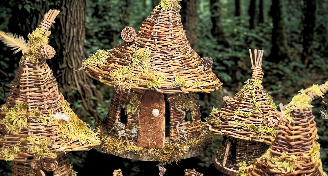 Handwoven round willow fairy house for garden decoration