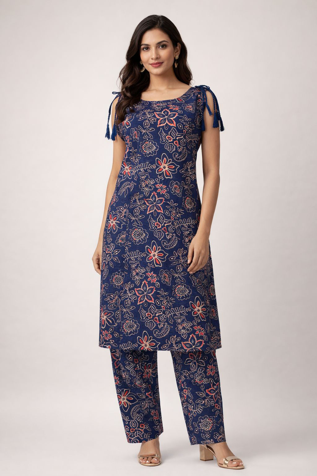 Dark Blue Printed Sleeveless Kurta and Palazzo Set 