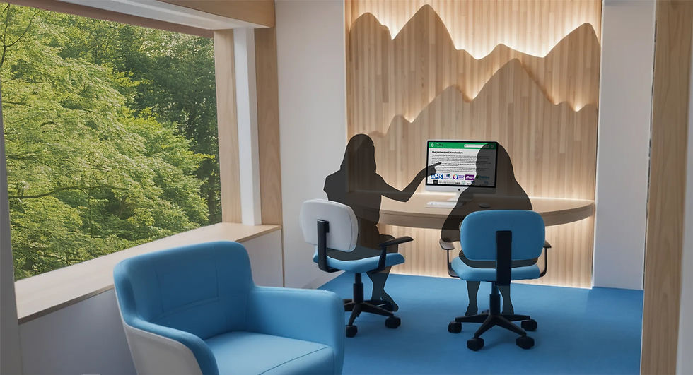 Two people sitting at a semi-circular desk with an illuminated mountain-inspired wooden artwork from floor to ceiling