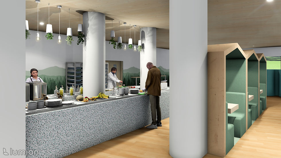 Forest-inspired cafeteria with lunch-time buffet bar