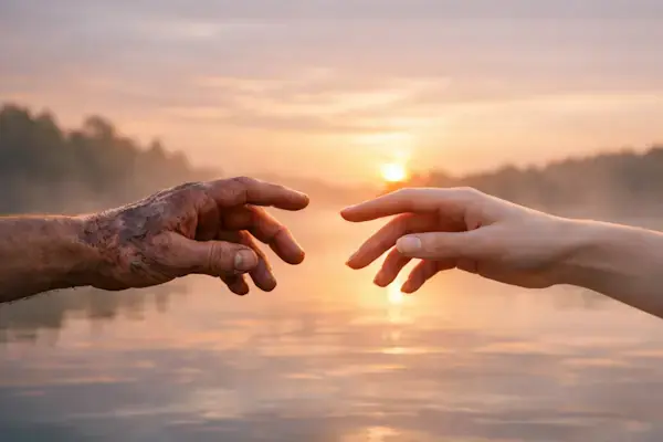 Duas mãos quase se tocando sobre a água calma de um rio, representando a possibilidade de perdão e a resolução do arco do personagem.