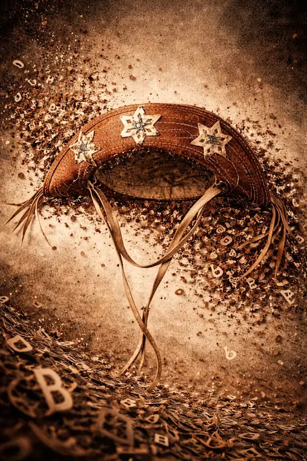 Chapéu de couro de vaqueiro com textura de letras flutuantes.