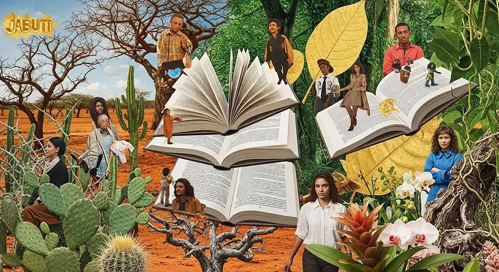 Colagem editorial com livros abertos, silhuetas humanas e elementos da flora brasileira em tons terrosos.