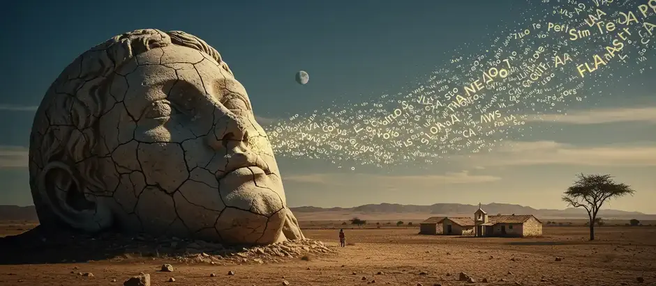 Colagem surrealista para a Arco do Personagem, mostrando a cabeça de pedra de um santo no sertão, de onde saem sussurros, simbolizando o arco do personagem em A cabeça do santo.