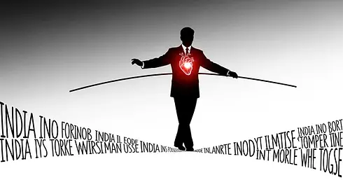 Ilustração minimalista de uma silhueta humana caminhando sobre linhas de texto, destacando o coração como motor.