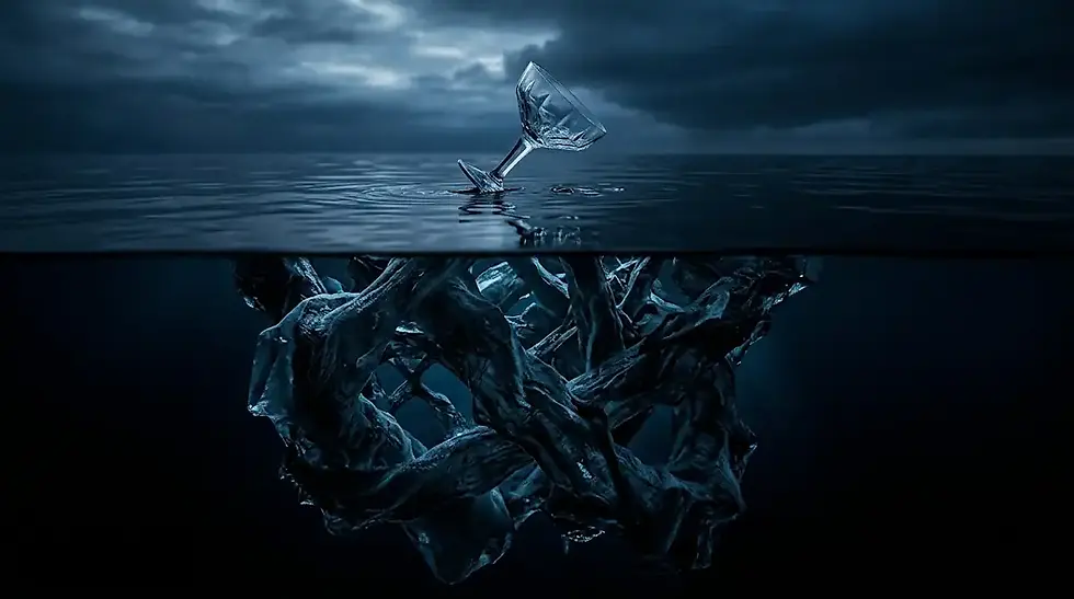 Um iceberg onde a ponta visível tem o formato de um copo de bebida e a parte submersa é um nó gigante e escuro, representando a Teoria do Iceberg.