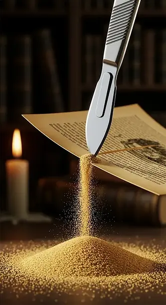 Um bisturi cortando a página de um livro antigo de onde sai areia do deserto,.