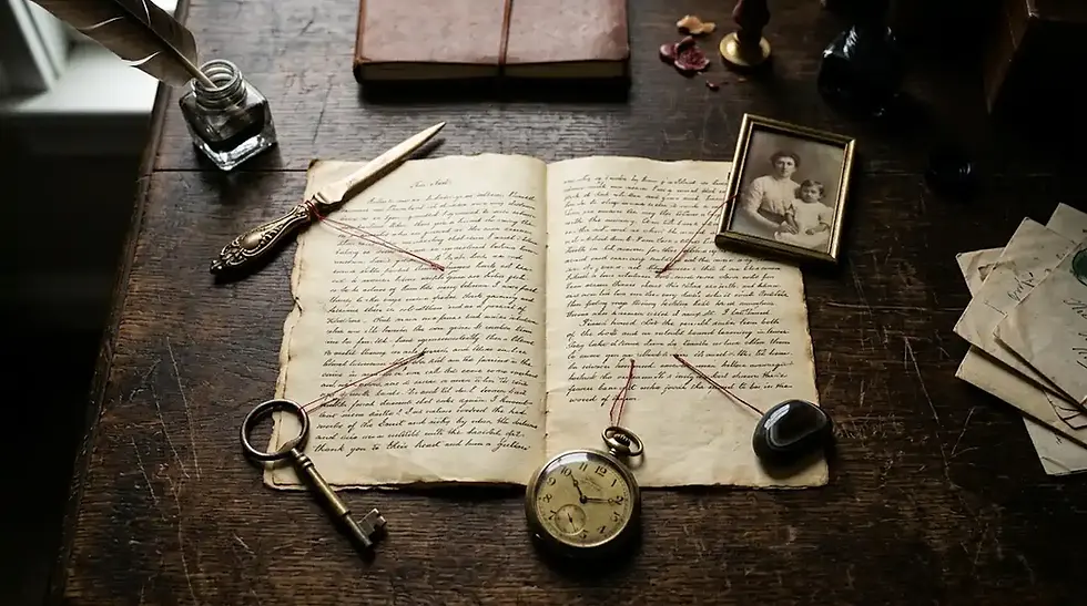 Mesa de um escritor com vários objetos ao redor do texto