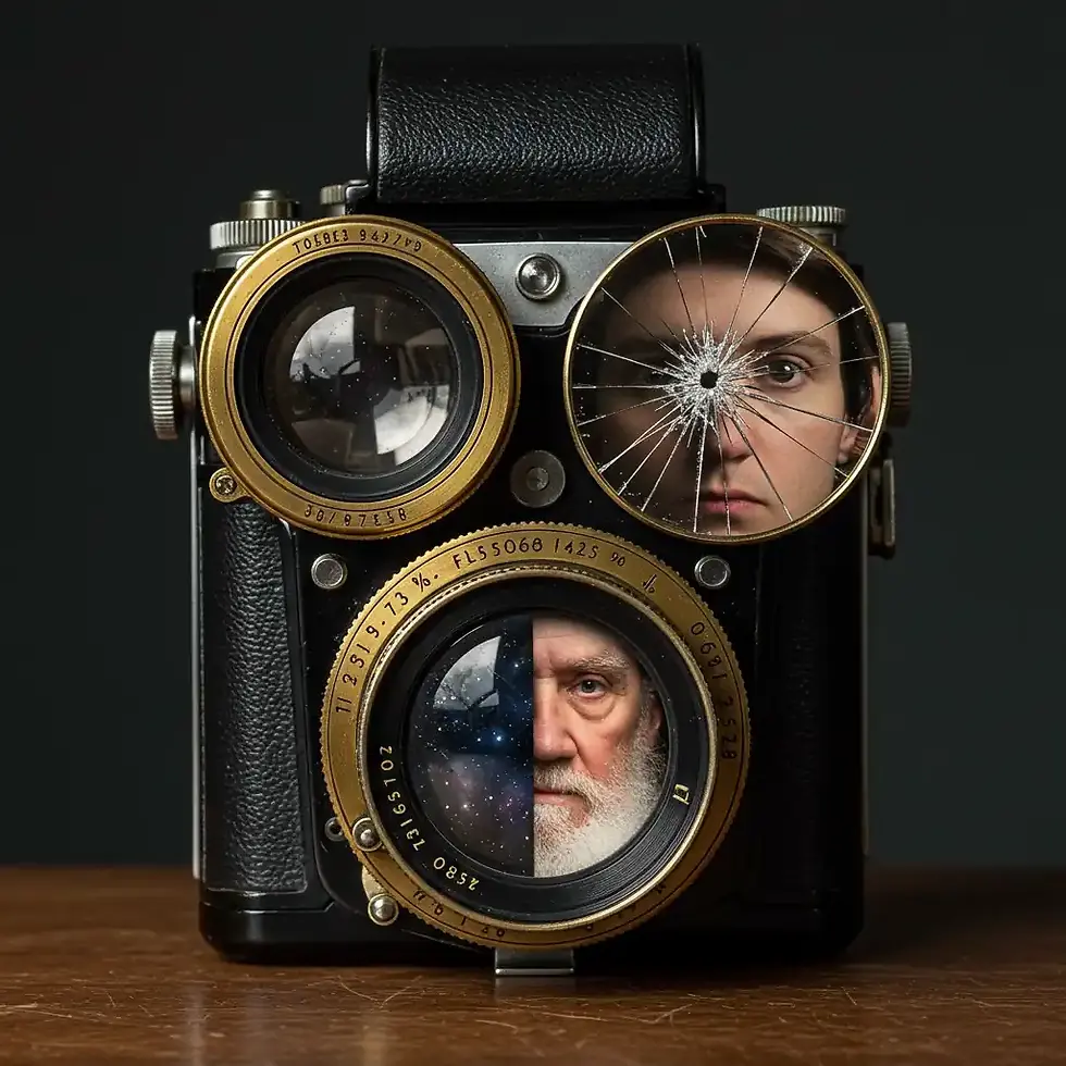 Câmera surrealista com duas lentes, uma vasta e outra quebrada, ilustrando a diferença entre a descrição imersiva e a focada em um detalhe perturbador.