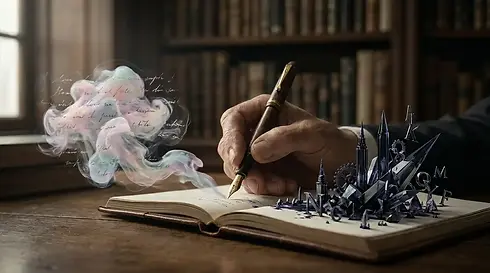 A mão de um escritor escrevendo em um livro de onde sai fumaça