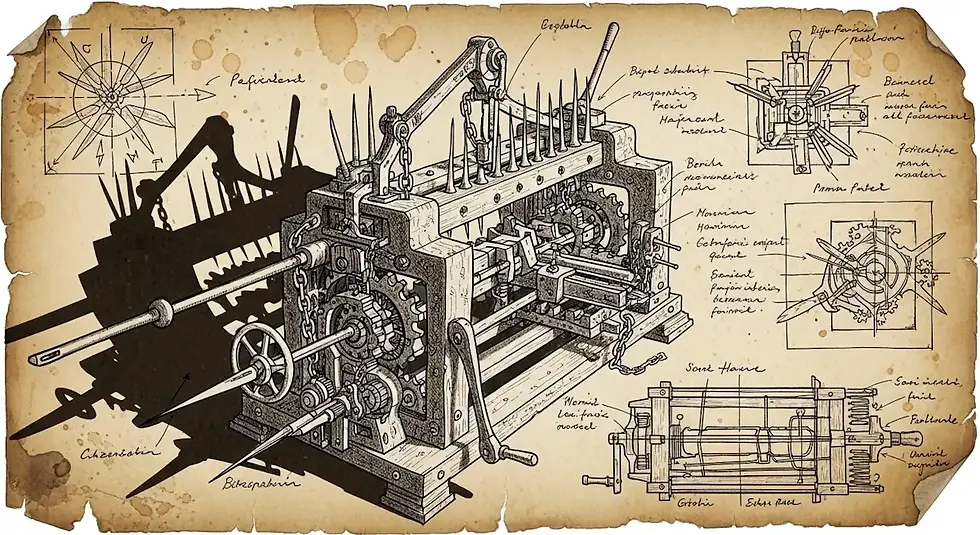 Desenho técnico de uma máquina complexa do século XIX em papel envelhecido.
