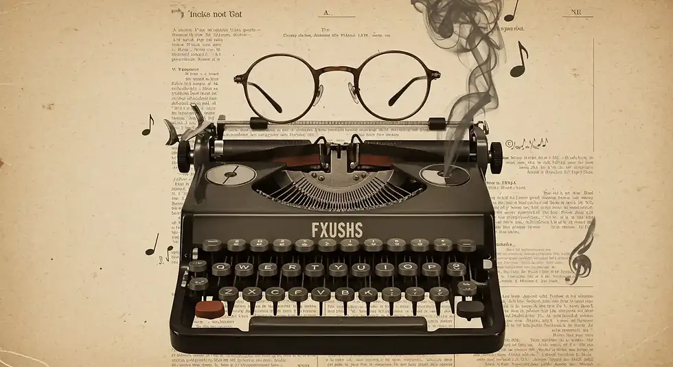 Colagem artística em homenagem a Luis Fernando Verissimo, mostrando seus óculos flutuando sobre uma máquina de escrever com notas de saxofone.