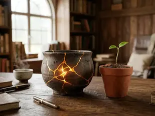 Um vaso quebrado com uma planta em crescimento ao lado representando a superação