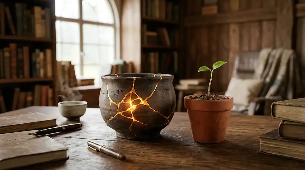 Um vaso quebrado com uma planta em crescimento ao lado representando a superação