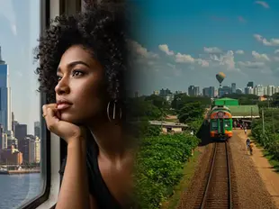 Uma mulher negra de cabelos crespos, olhando pensativamente pela janela de um trem que viaja entre uma paisagem urbana americana e uma paisagem vibrante nigeriana, simbolizando a dualidade de identidade. Estilo de arte digital realista com foco na expressão facial.