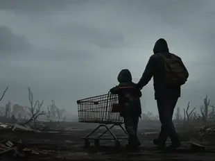 Pai e filho caminhando por um mundo devastado na resenha de "A Estrada" de Cormac McCarthy.