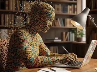 Forma de um escritor feito com palavras coloridas se dissolvendo