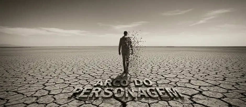 Colagem surrealista para a Série arco do pesonagem, mostrando um homem fantasmagórico se desfazendo em poeira em uma paisagem árida, simbolizando a desintegração do personagem.