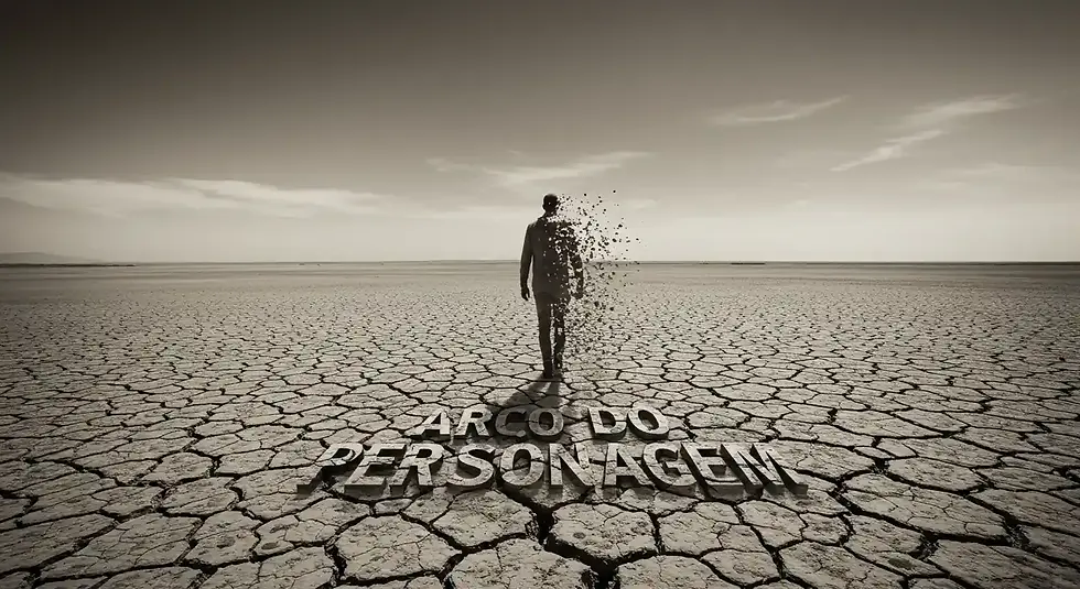 Colagem surrealista para a Série arco do pesonagem, mostrando um homem fantasmagórico se desfazendo em poeira em uma paisagem árida, simbolizando a desintegração do personagem.