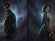 Montagem sombria dividida ao meio com um homem e uma mulher