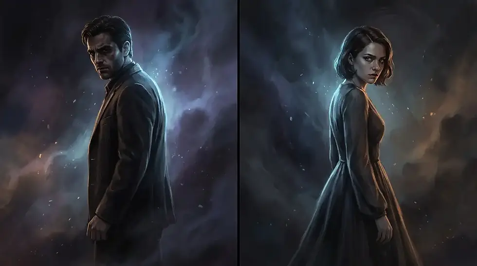 Montagem sombria dividida ao meio com um homem e uma mulher