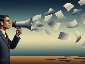  Ilustração surrealista de um homem usando um megafone para falar consigo mesmo, simbolizando o diálogo redundante.