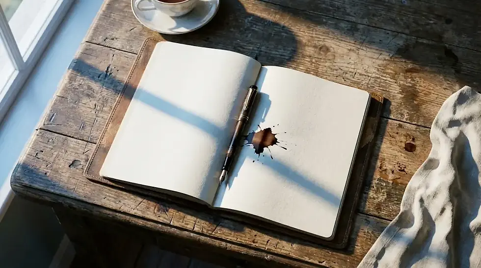 Caderno aberto com uma caneta tinteiro e uma mancha de tinta, representando a intenção inicial da escrita.