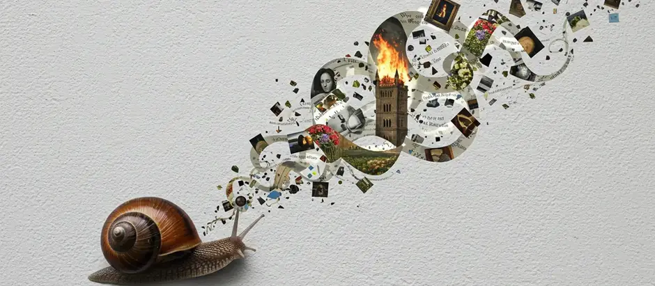 Colagem surrealista de um caramujo numa parede branca, de onde emanam pensamentos e imagens fragmentadas, representando o fluxo de consciência no conto de Virginia Woolf.