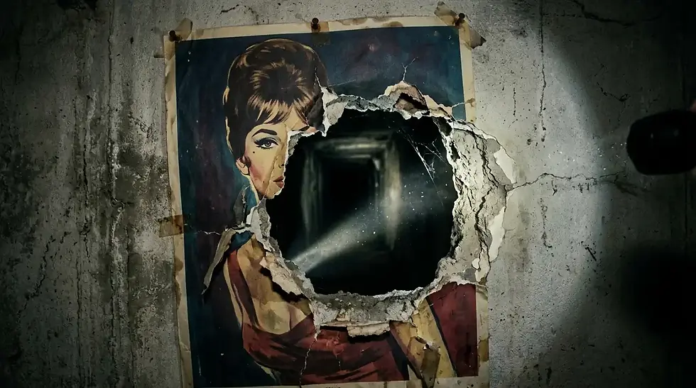 um cartza estlo anos 60 com a imagem de uma mulher sedutora que esconde um túnel de fuga