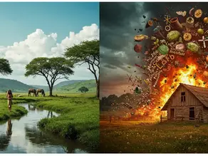 Colagem surrealista comparando o estilo de escrita de Mia Couto, um rio de palavras poéticas, com o de Raduan Nassar, uma torrente de prosa bíblica.