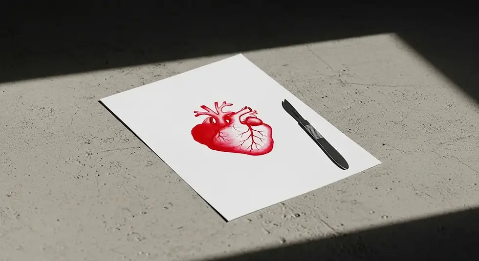 Fotografia minimalista de uma folha de papel com uma mancha de tinta vermelha em formato de coração e um bisturi cirúrgico ao lado, intocado, simbolizando a preservação da vida do texto contra a revisão invasiva.