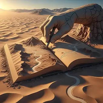 Mão de pedra esculpindo um cenário que emerge de um livro6.webp