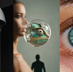 Três painéis mostrando uma câmera, uma máscara e um olho em vórtice, representando a escala do ponto de vista narrativo de Hammett a Faulkner.