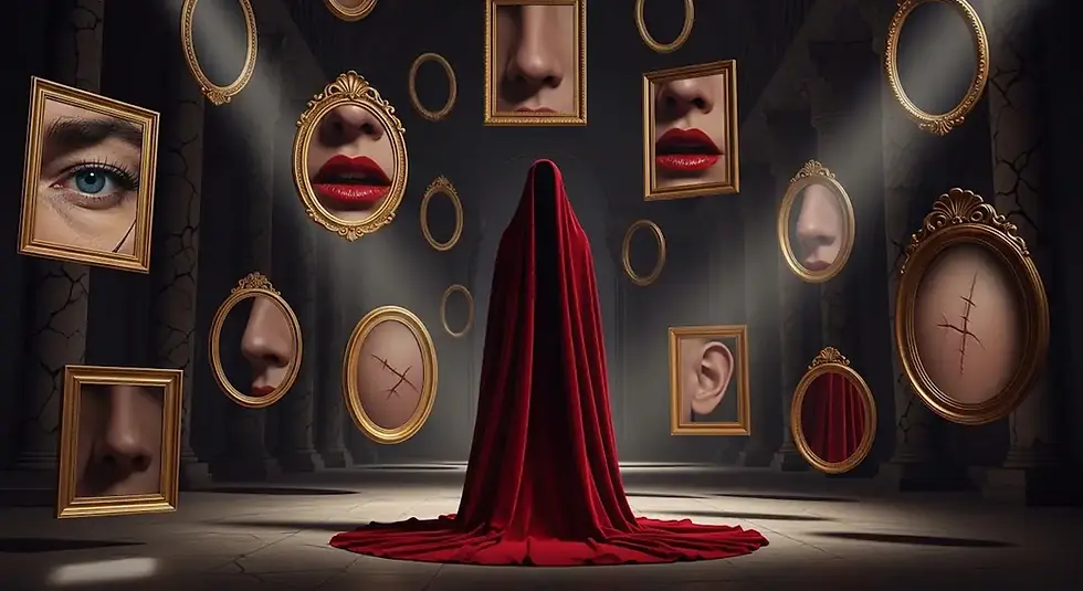 Pintura surrealista de uma figura central cercada por espelhos flutuantes, cada um refletindo uma característica diferente, simbolizando como os secundários compõem a identidade do protagonista.