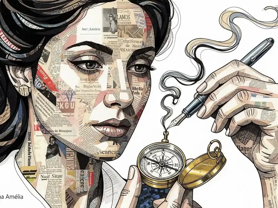 Colagem de Ana Amélia analisando a bússola da narrativa.