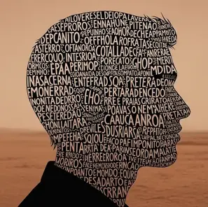 Silhueta do perfil de um homem preenchida por textos manuscritos repetitivos e densos, simulando as paredes de uma mente em fluxo de consciência.