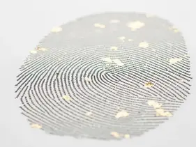 Uma impressão digital gigante cujas linhas são formadas por frases manuscritas de um livro, simbolizando a identidade única de um personagem bem descrito.