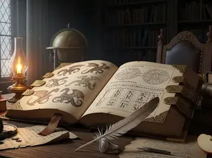 Escrivaninha de estudioso com pena, anel e gráficos linguísticos.