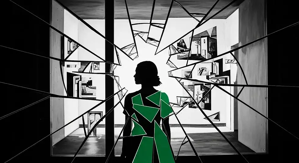 Uma menina com vestido verde atrás de uma janela