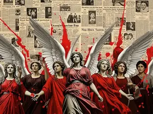 Colagem política com silhuetas de mulheres de vermelho sobre fundo de jornais antigos.