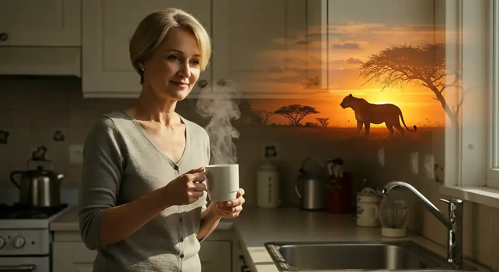 Imagem mostrando a dualidade da vida de uma mulher. Na cena principal, ela serve café em uma cozinha calma. No vapor do café, reflete-se uma cena de uma leoa caçando na savana, simbolizando seus desejos reprimidos.