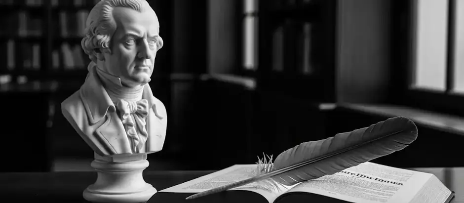 Busto de Immanuel Kant em uma biblioteca antiga, iluminado por uma luz dramática, simbolizando a profundidade e a perenidade de sua teoria estética.