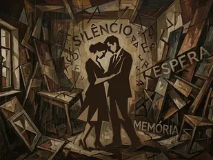 Ilustração cubista de um casal em uma sala estreita, com paredes inclinadas e fragmentadas.