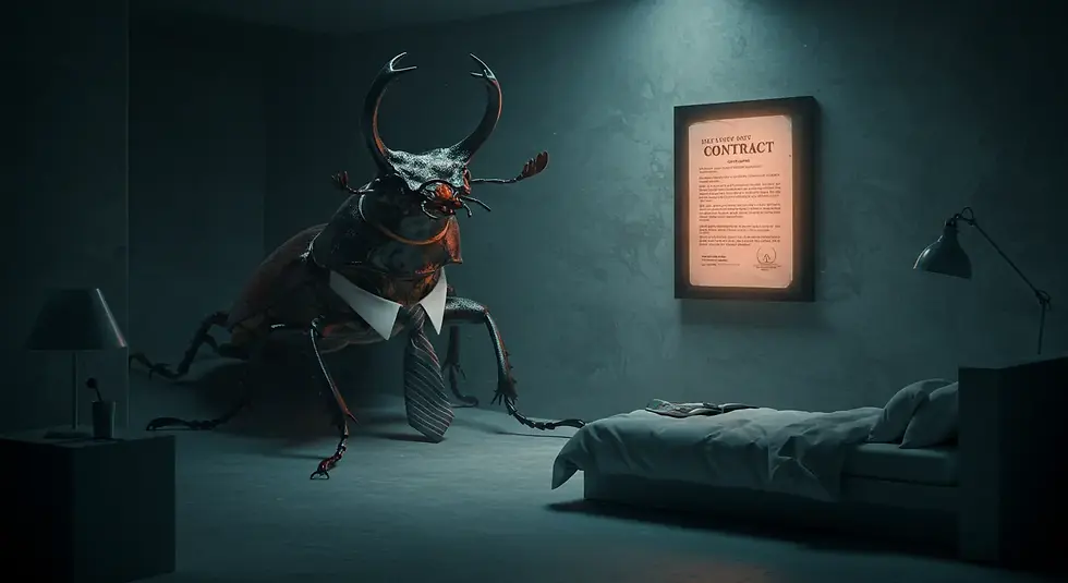 Colagem surrealista de um besouro gigante e realista de terno, preso num quarto de linhas duras. Na parede, um contrato legal brilha, simbolizando o pacto da verossimilhança.
