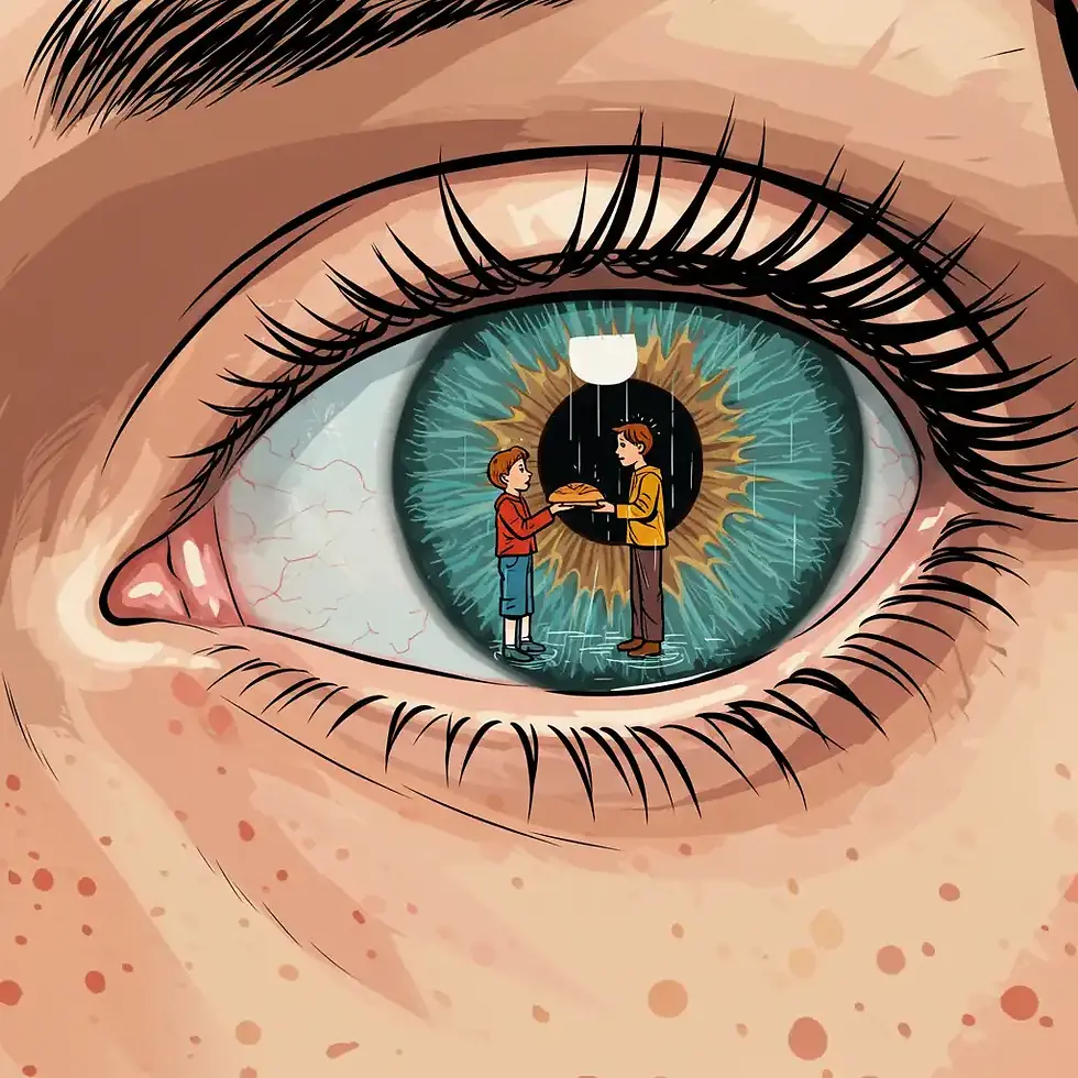 Arte em estilo pop mostrando o olho de uma personagem, onde se vê o reflexo de uma memória com um garoto e um pão.