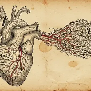 Colagem de um coração anatômico onde as veias são feitas de palavras escritas, ilustrando a biópsia de um personagem literário.