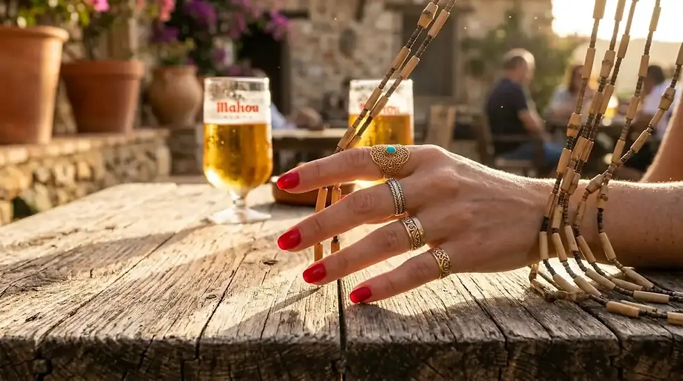 Close-up de mãos femininas segurando duas cordas de uma cortina de miçangas sobre uma mesa de madeira, com copos de cerveja desfocados ao fundo sob sol forte.