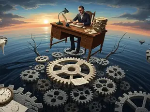 Imagem surrealista de um escritor flutuando sobre engrenagens de papel.