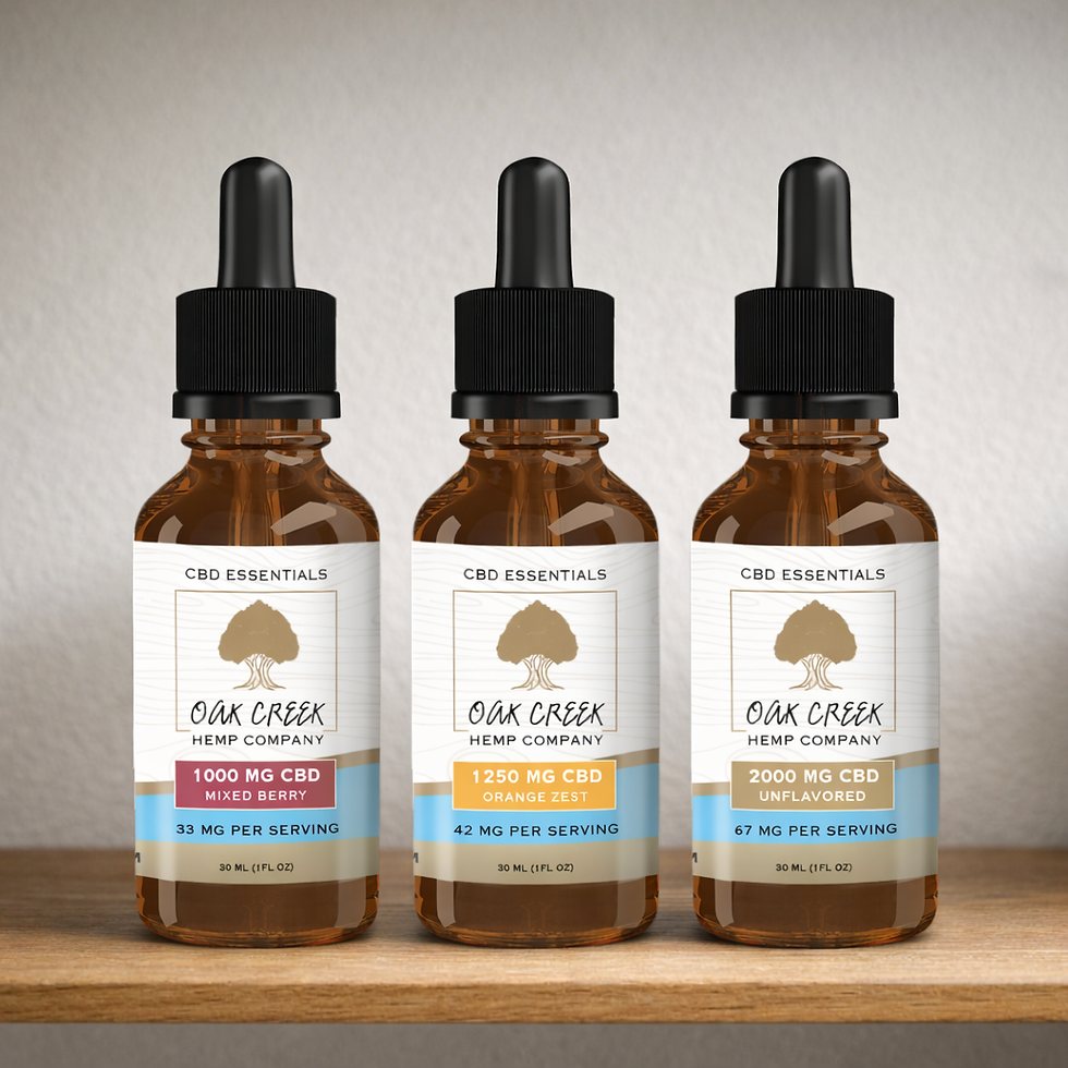 Eye-level view of a shelf with various bottles of CBD oil in a store